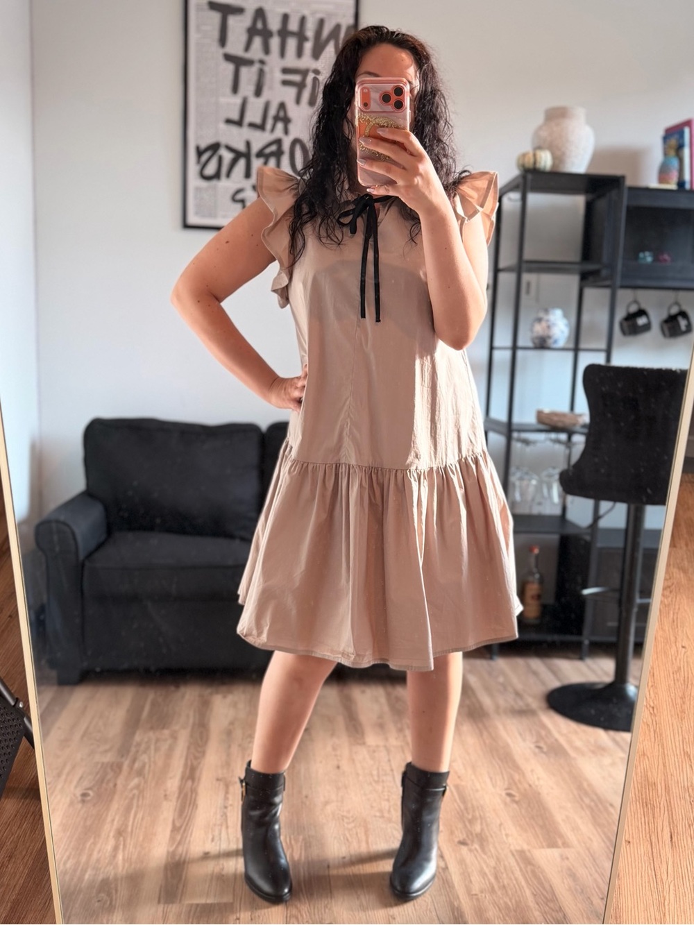 Monica Nera Modern Manhattan Style Ruffled Tie-Neck Dress in Tan US 10 UK 14